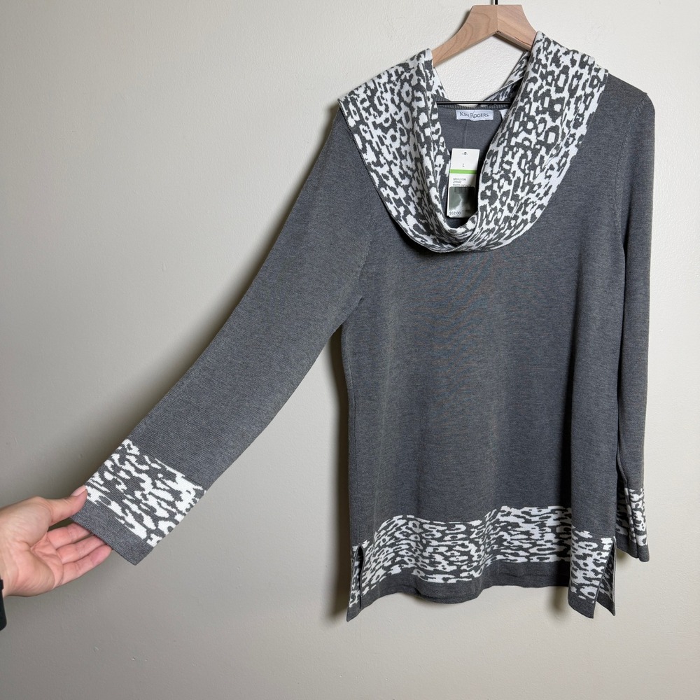 Kim Rogers NEW Womens Grey Leopard Print Cowl Neck Tunic Sweater L Modern Office
